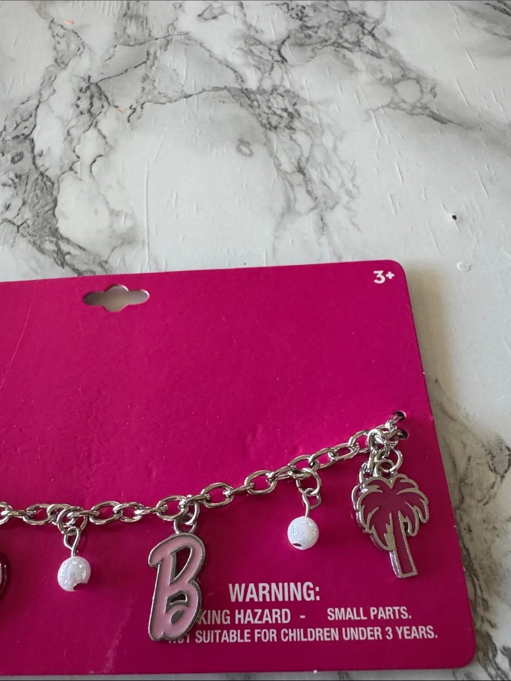 Silver-tone Barbie Theme Charm Bracelet 4 Pink Charms & 3 Bead Charms New